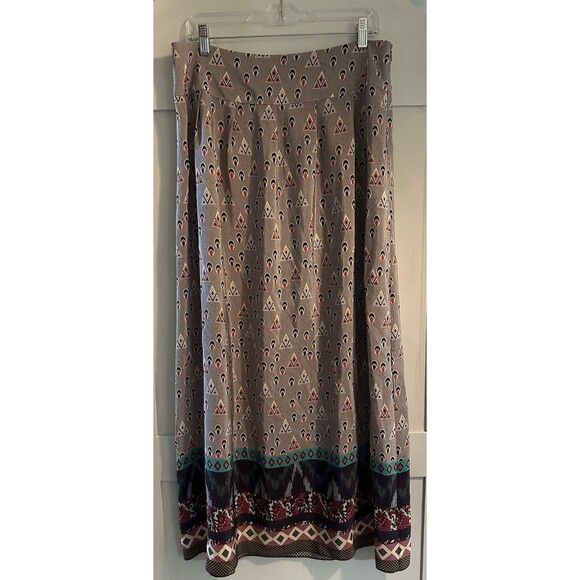 Anthropologie Heyhoe Maxi 100% Silk Skirt Maxi Boho Taupe Multi Geometric Sz 12 - Picture 1 of 4